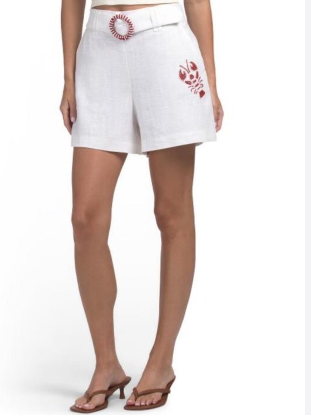 New C&C California White Linen Blend Shorts with Red Beaded Lobster & Belt M